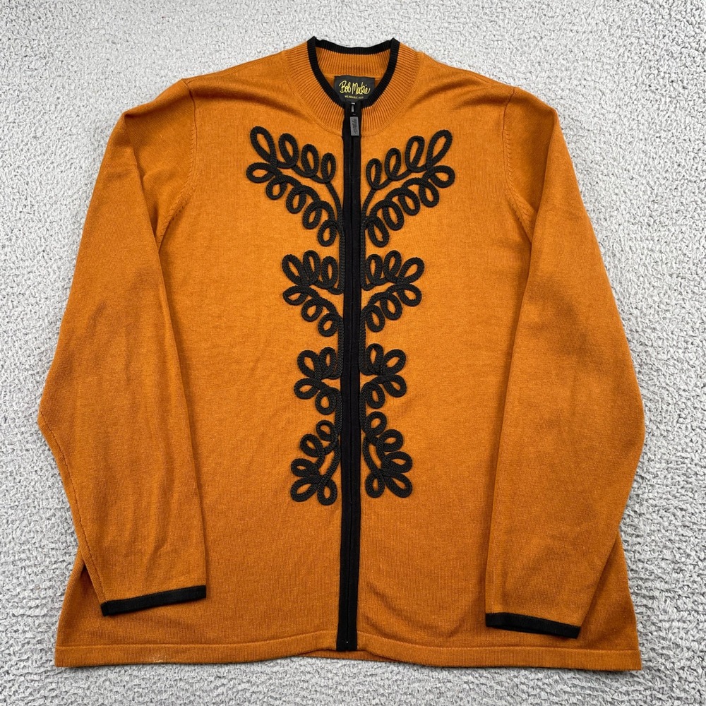 Bob Mackie Cardigan Womens XL Orange Wearable Art Zip Front Soutache Embroidered